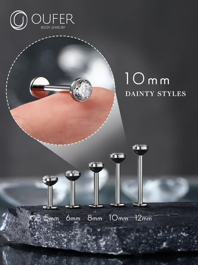 Detalle de OUFER Threadless Labret en titane pour piercing lèvres, tragus et helix (16G) 6 à 12 mm