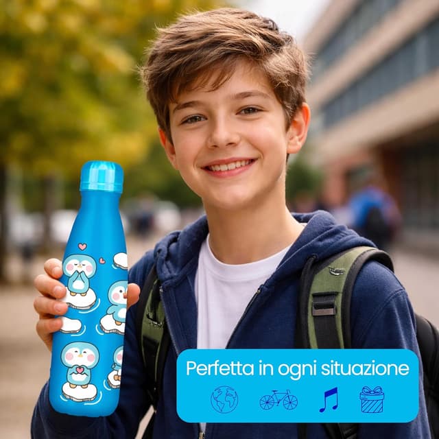 Detalle 2 de Cartomania Borraccia termica chill & refill 500 ml pinguino azzurro, acciaio BPA free