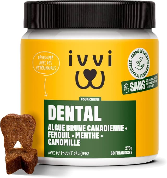 Detalle de ivvi Dental Care Snacks d’hygiène dentaire pour chiens – Menthe, Persil, Fenouil, Camomille, huile de coco et algues brunes (60 snacks)