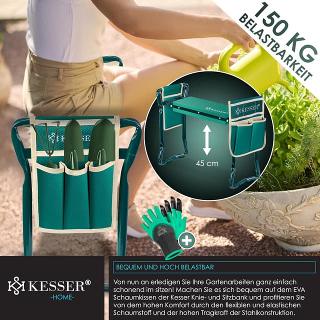 Detalle de KESSER® 2-in-1 XXL Kniebank für Gartenarbeit (klappbar) mit Werkzeugtaschen und Handschuhen