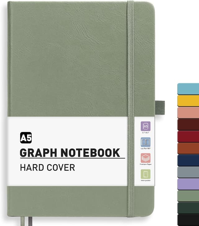 Detalle de PYNEX Notizbuch A5 kariert (Hardcover) mit Spiralbindung, 192 Blatt 100 g/m² – Salbei Grün