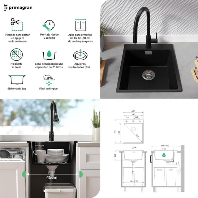 Thumbnail 4 de PRIMAGRAN Oslo S075 fregadero granito 43x50 cm