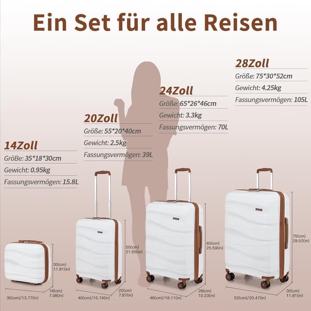 Detalle de KONO Groß Koffer 75 cm (75 x 52 x 30 cm) mit 4 Rollen und TSA-Schloss – leichter Hartschalen-Reisekoffer in Weiß