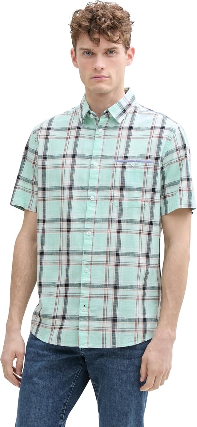 Detalle de TOM TAILOR Camicia Uomo a quadri con taschino e manica corta