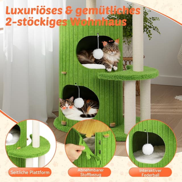 Detalle de BSWAY Luxus Kratztonne für Katzen – XXL-Kletterbaum mit Schlafhaus, Sisalbrett und abnehmbarem Bett