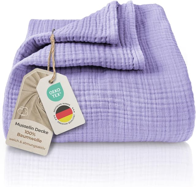 Detalle de LAYNENBURG Premium Musselin Tagesdecke 150x200 cm aus 100% Baumwolle (Lavendel)