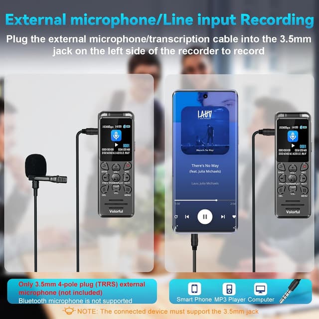 Thumbnail 6 de Volorful 80-GB-Diktiergerät mit 1,44" Farbbildschirm, 70 Std. Aufnahme und USB‑C