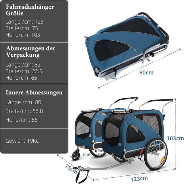 Detalle de Fiximaster XL 2-in-1 Hundeanhänger fürs Fahrrad & Joggen bis 40 kg (mit Handbremse)