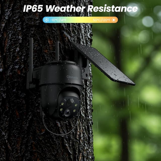 Detalle de Cinnado Solar Überwachungskamera Aussen 2K WLAN 360° PTZ mit PIR, IP65 und Akku (Schwarz)
