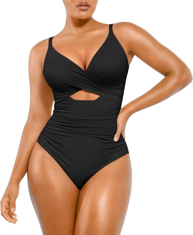 Detalle de SHAPELLX Tummy Control V-Neck Ruched One-Piece Swimsuit with Built-in Bra