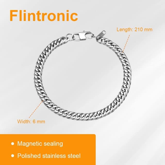Detalle 2 de flintronic Bracciale in acciaio inox da uomo e donna con catena e fibbia magnetica, lunghezza 21/22 cm