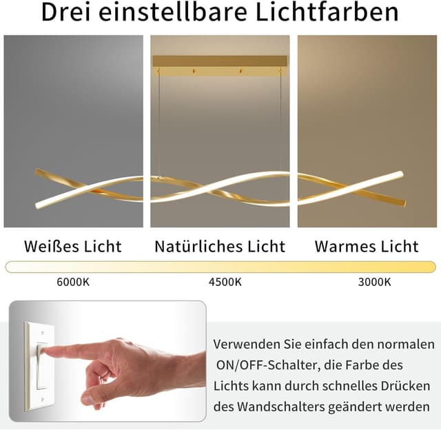 Detalle 2 de Mikeru 100 cm dimmbare Pendelleuchte mit Fernbedienung und Memory-Funktion (3000/4500/6000 K, gold)