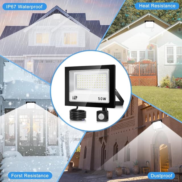 Detalle de Projecteur LED extérieur YZYFACAI 50W avec détecteur de mouvement et télécommande, 5000 lm, blanc froid 7000K, IP67