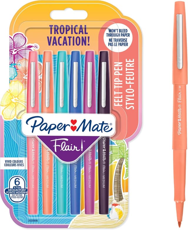 Detalle de Paper Mate Flair felt tip pens, medium point 0.7 mm (6 assorted tropical colours)
