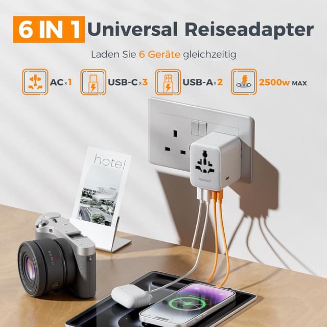Detalle 2 de TESSAN Weltreiseadapter mit USB‑C GaN 65 W (PD) und 5 USB – universeller Reise-Stecker für USA, UK, Japan, Australien & mehr