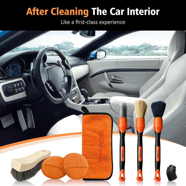 Detalle de YeewayVeh 7PCS Car Interior Detailing Kit (Orange) – soft, scratch-free brushes, applicator pads & microfiber cloth