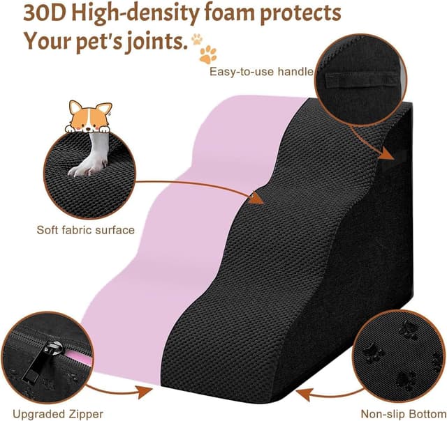 Detalle de Breiter Hundetreppe Schwarz mit 5 Stufen (62 cm hoch) für kleine Hunde – rutschfester Boden & waschbarer Bezug