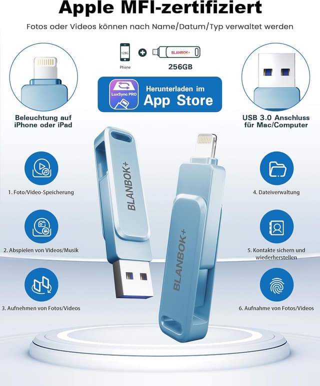 Detalle de BLANBOK+ 256 GB USB-Stick mit MFi für iPhone