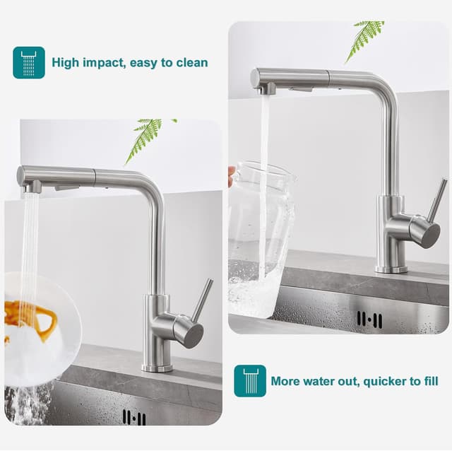 Detalle de WOOHSE Niederdruck Küchenarmatur mit ausziehbarer Brause, 2 Modi und 360° Drehung aus Edelstahl (gebürstet)