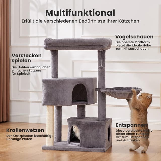Detalle de Gardner Pet Katzenbaum groß (105 cm) – Kletterbaum mit Kratzsäule, Plattform, 2 Höhlen und Korb, Dunkelgrau