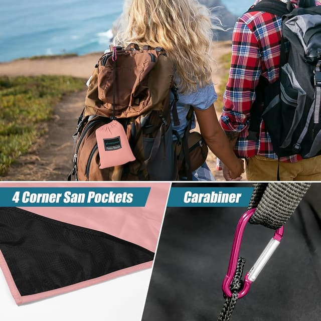 Detalle de Odoland Outdoor Pocket Travel Blanket Beach Mat (Waterproof, Sand Proof) – Picnic Blanket, Pink