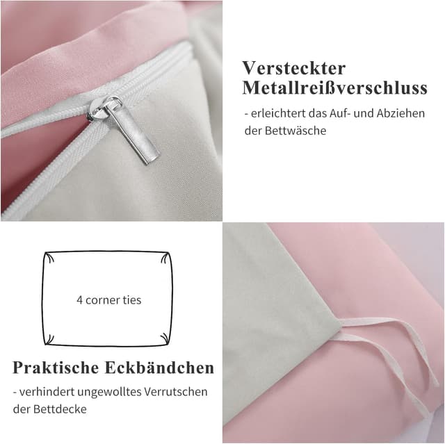 Thumbnail 6 de Aisbo Bettwäsche 200x200 (3-teilig) Rosa/Beige – Wendebettwäsche aus Mikrofaser mit Reißverschluss