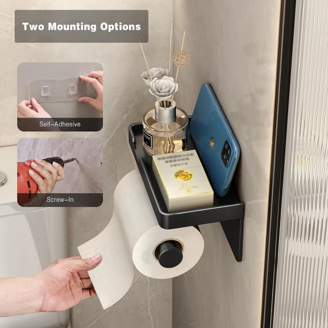 Detalle 2 de VOLDRA Toilettenpapierhalter ohne Bohren mit Ablage – selbstklebend oder schraubbar, matt schwarz