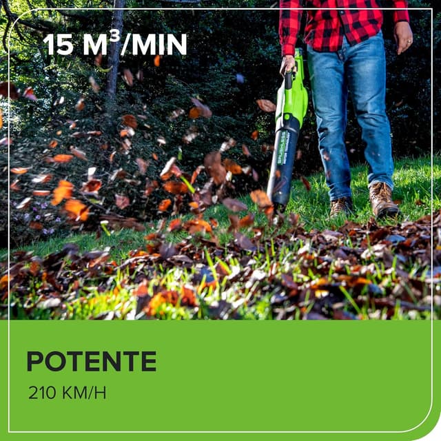 Detalle de Greenworks GD40ABK2X Soffiatore di foglie a batteria 40V brushless, 210 km/h e 15,6 m³/min