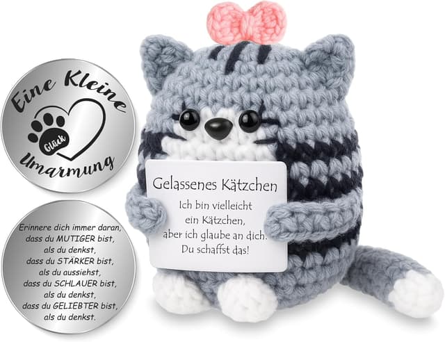 Detalle de Tixlux Pocket Hug Positive Katze – handgefertigte Strick-Katzen Dekofigur mit Glücksbringer für Mitbringsel