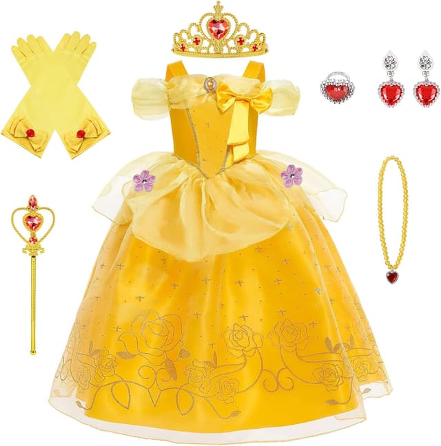 Detalle de BSBUY Princess Belle costume dress set for girls with crown, wand and accessories