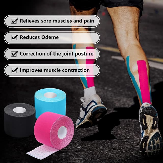 Detalle 2 de EOPUOZS Kinesiologie Tape Sport (3 Rollen à 5 m) – elastisches Baumwoll-Sporttape, 5 cm breit in Blau/Schwarz/Rosa