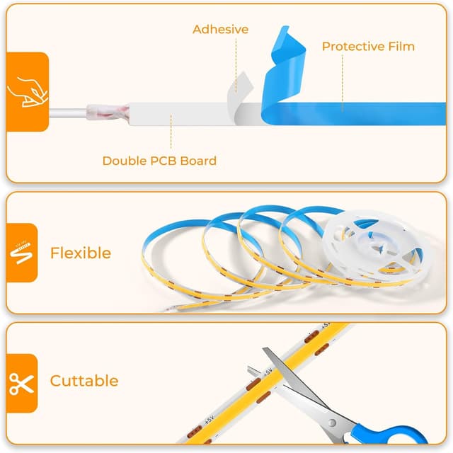 Detalle de 3m 5V USB COB LED Streifen (8 mm), selbstklebend, CRI 92, punktlos – Naturweiß 4000K mit 1,5 m USB-Kabel
