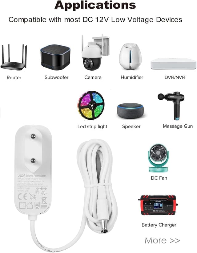 Detalle de Tonton 12V-3A Netzteil (36W) mit 1,8 m Kabel, DC-Stecker 5,5 mm × 2,1 mm – für CCTV & Geräte mit 12V