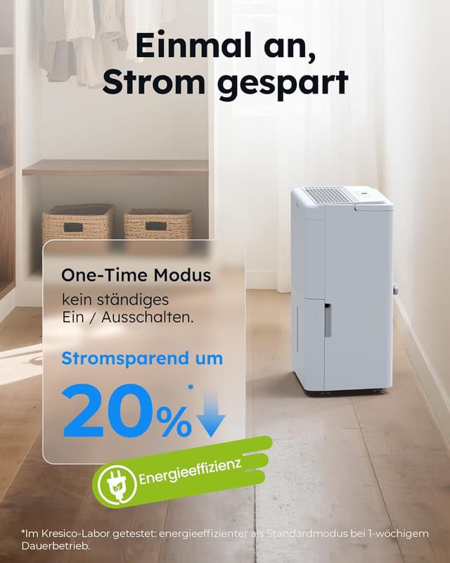 Detalle de Kresico Luftentfeuchter elektrisch 20L/24h (39 dB) für ca. 150 m³/50 m², mit Ablaufschlauch & Timer, R290
