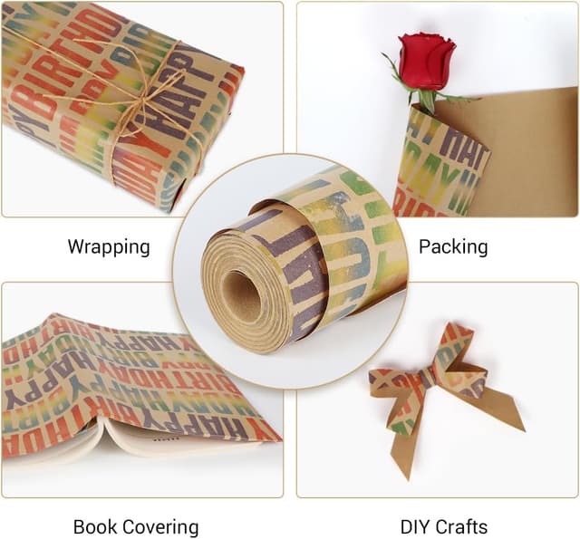 Detalle 2 de HBell Happy Birthday wrapping paper roll (15m) with kraft design, recyclable gift wrap
