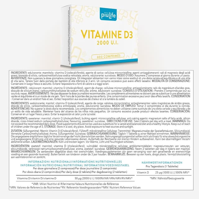Detalle 2 de Vitamine D3 2000 UI PiùLife (2 par jour) – Comprimés à croquer sans sucre – 600 mini-comprimés