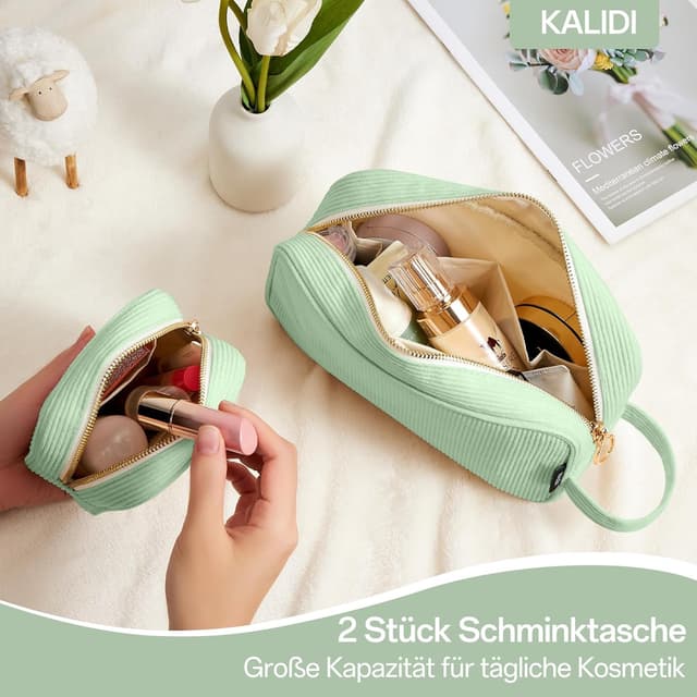 Detalle de KALIDI FANCY FOREST Kosmetiktasche Damen aus Cord mit Fächern und Metallreißverschluss (Reise-Organizer)