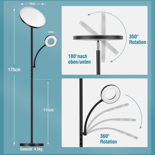 Detalle de Yikuneng Lampada da terra LED 42W per salotto e lettura, dimmerabile con telecomando e controllo touch