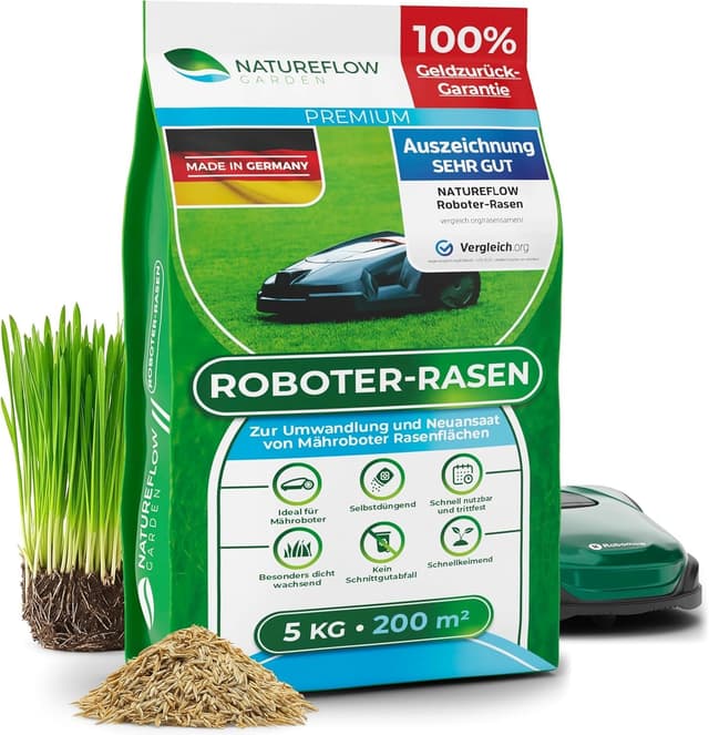 Detalle de Rasensamen schnellkeimend 5 kg für Mähroboter – Natureflow Roboter-Rasensaat (Made in Germany)