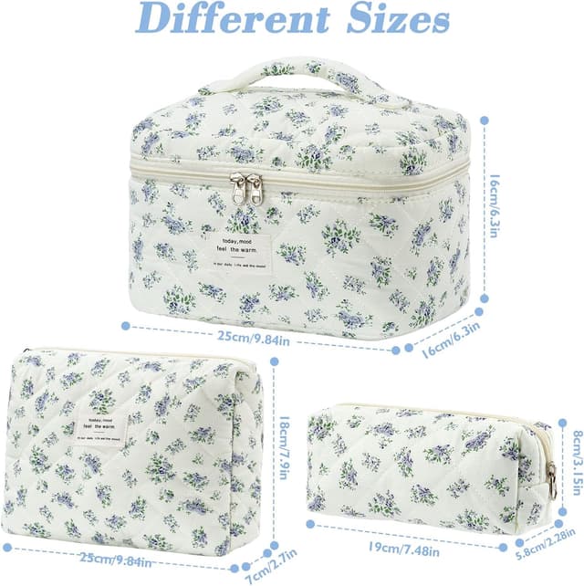 Detalle de BuyCard Kosmetiktaschen 3er-Set (blau, Blumenmuster) – Kulturtasche für Reise & Alltag