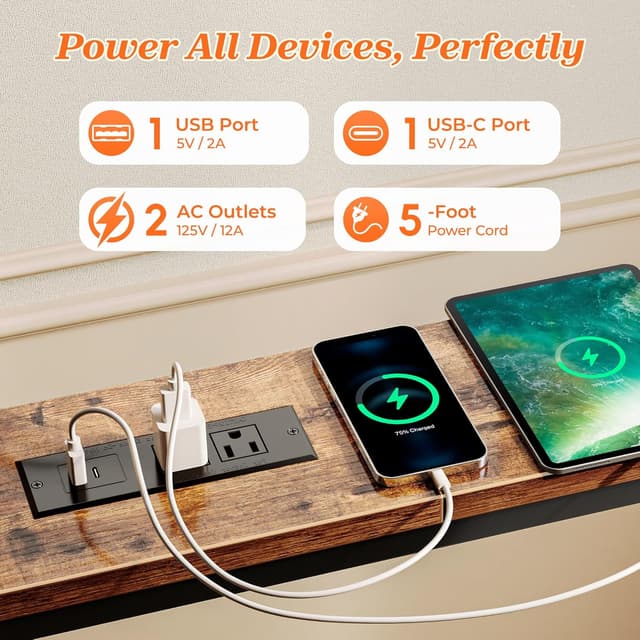 Detalle de SUPERJARE 79 Inch Sofa Table with 2 Power Outlets, USB-C Ports & Narrow Storage Console (Rustic Brown)