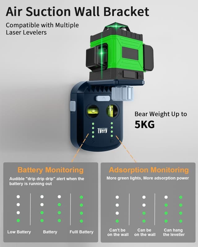 Detalle de Tyrry Livella Laser 4 in 1 con ventosa elettronica a vuoto, raccogli polvere per trapano e supporto a parete