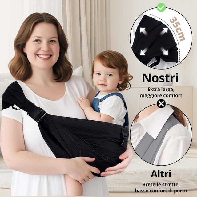 Detalle de JOYNCLEON Portabebè Sling con design estendibile e regolabile fino a 20 kg (ASTM, PLUS-Nero)