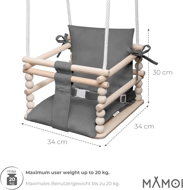 Detalle 2 de MAMOI Altalena per bambini Baby swing 3 in 1 in legno (per casa e porta), fino a 25 kg