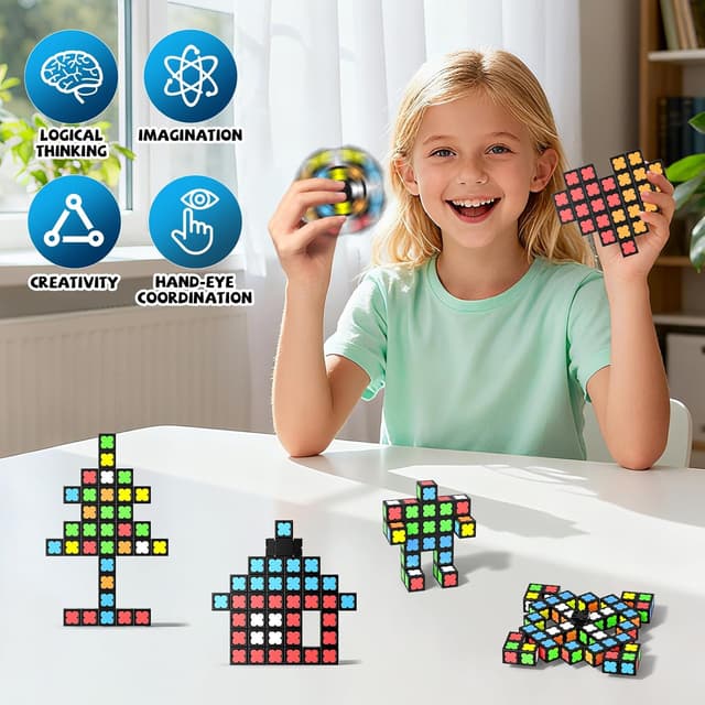 Detalle de Magnetic Fidget Toy with 36 Glow-in-the-Dark Blocks (LED) – DIY Magnetic Spin Top Sensory STEM Toy