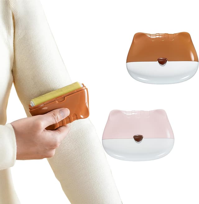 Detalle de 2er-Set tragbare, waschbare Fusselrolle mit Staubschutzhülle (Katzenform) – Pink/Braun