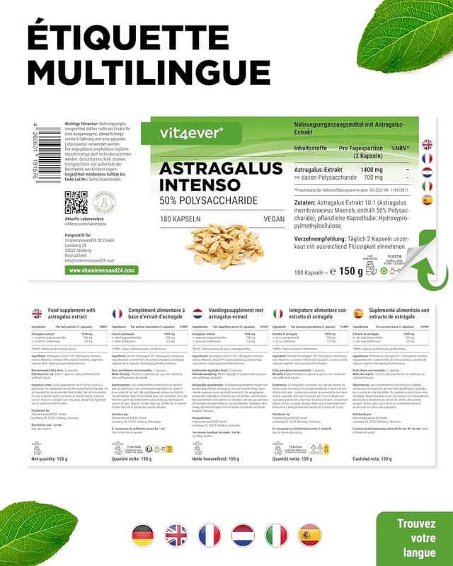 Detalle de Vit4ever Astragalus (1400 mg/jour) – 180 capsules véganes