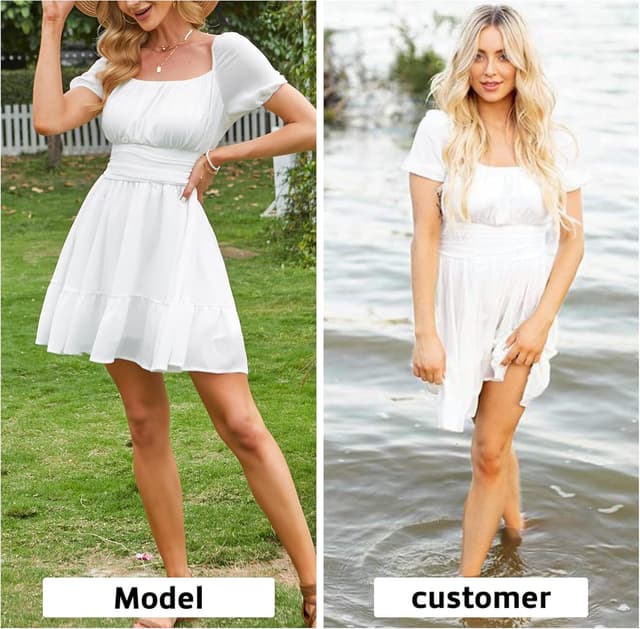 Detalle de EXLURA Women’s 2026 Summer Short Puff Sleeve Square Neck Tie-Back Mini Dress