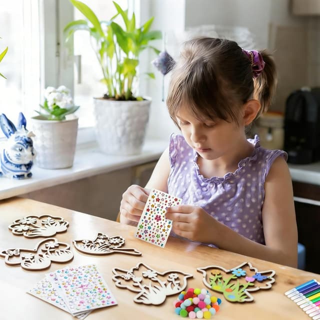 Detalle 2 de ARTREE 24 Holz Bastelset Kinder – Anhänger zum Bemalen mit Stiften & Stickern ab 4 Jahren