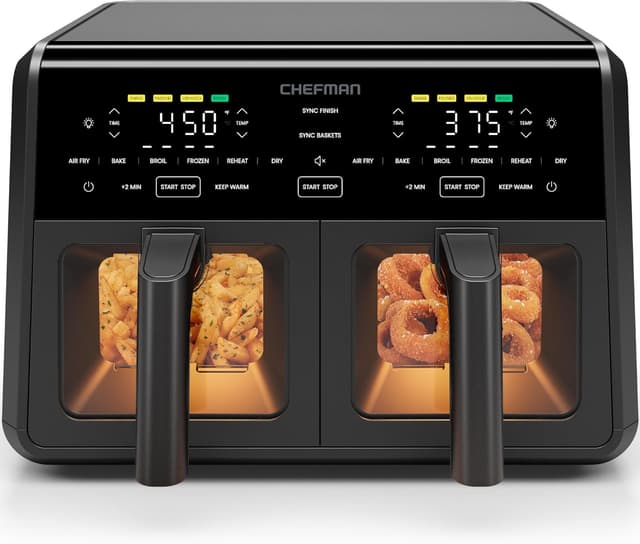 Detalle de Chefman Dual Air Fryer Oven with DC Motor, 9 Qt Double Basket Air Fryer (450°F Max)